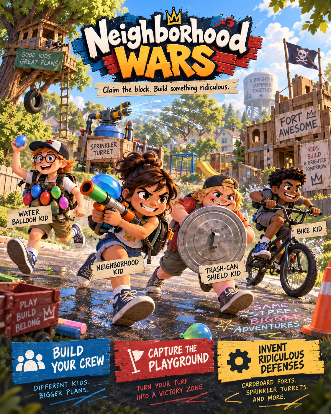 Neighborhood Wars concept poster — the four starting kids labelled Water Balloon Kid, Neighborhood Kid, Trash-Can Shield Kid and Bike Kid, above three panels reading Build Your Crew, Capture the Playground and Invent Ridiculous Defenses.