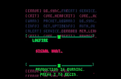 The LOGFIRE title screen: the words LOGFIRE in green and Signal Hunt in red, over a scrolling wall of dim system log lines.