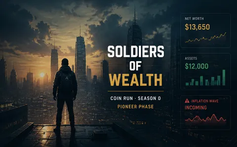 Soldiers of Wealth key art — a lone figure on a rooftop above a burning-gold city skyline, beside HUD panels reading NET WORTH, ASSETS and INFLATION WAVE INCOMING.