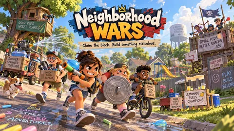 Neighborhood Wars concept art — four kids charge down a wet suburban street with a water cannon, a trash-can lid shield and a BMX, past a treehouse and a fort hung with hand-painted signs.