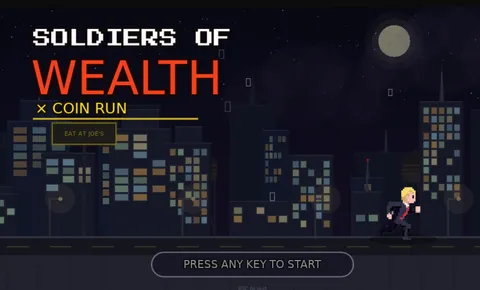 Coin Run's title screen — a suited runner sprinting across a rooftop against a pixel-art night skyline, under the words SOLDIERS OF WEALTH × COIN RUN.