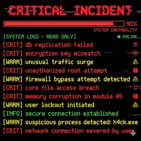 A CRITICAL INCIDENT banner over a red instability bar at 90%, with a wall of CRIT and WARN log lines.