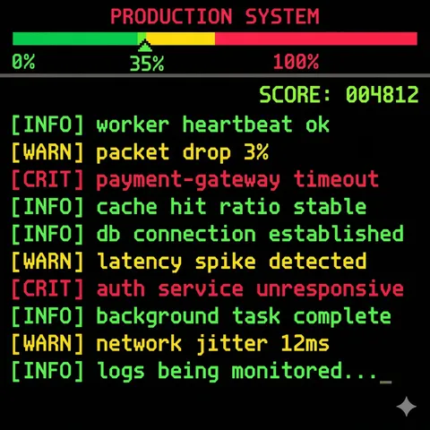 A production system meter at 35% with a live log feed below it, showing INFO, WARN and CRIT lines in green, yellow and red.