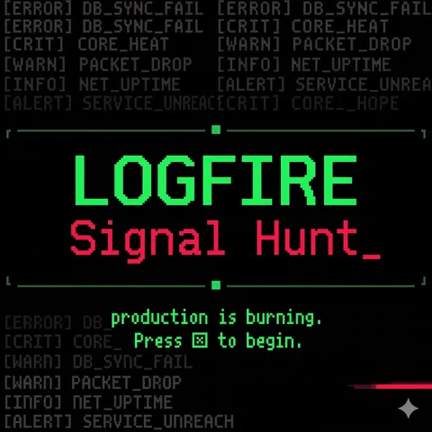 LOGFIRE Signal Hunt title card with the prompt "production is burning. Press X to begin."